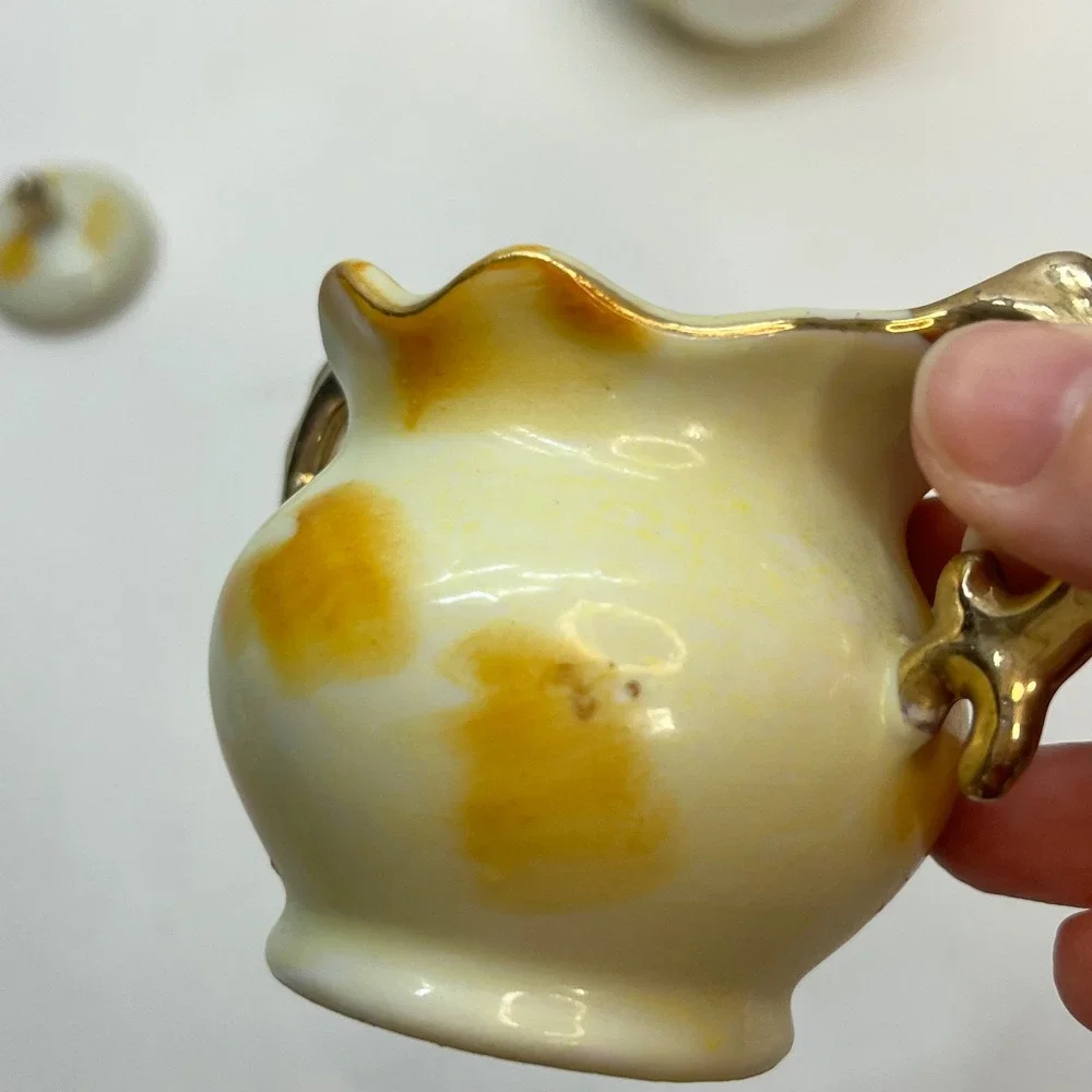 Vintage Enesco‎ Japan Ceramic Fruit Vase and Sugar Bowl Set Gold Trim E2350